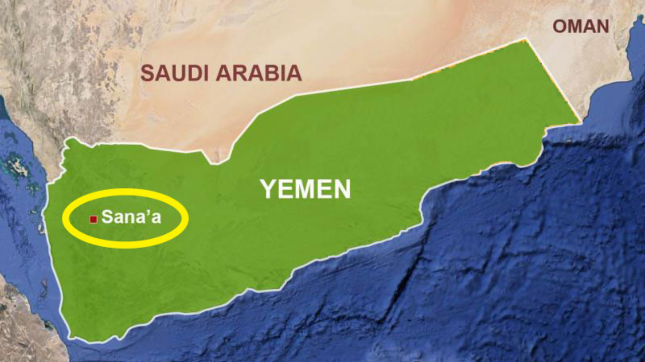 Map showing Sanaa strikes near the Al Sabaha oil site west of the Yemeni capital