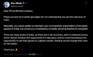 Elon Musk accuses Ambani over Starlink India license delay