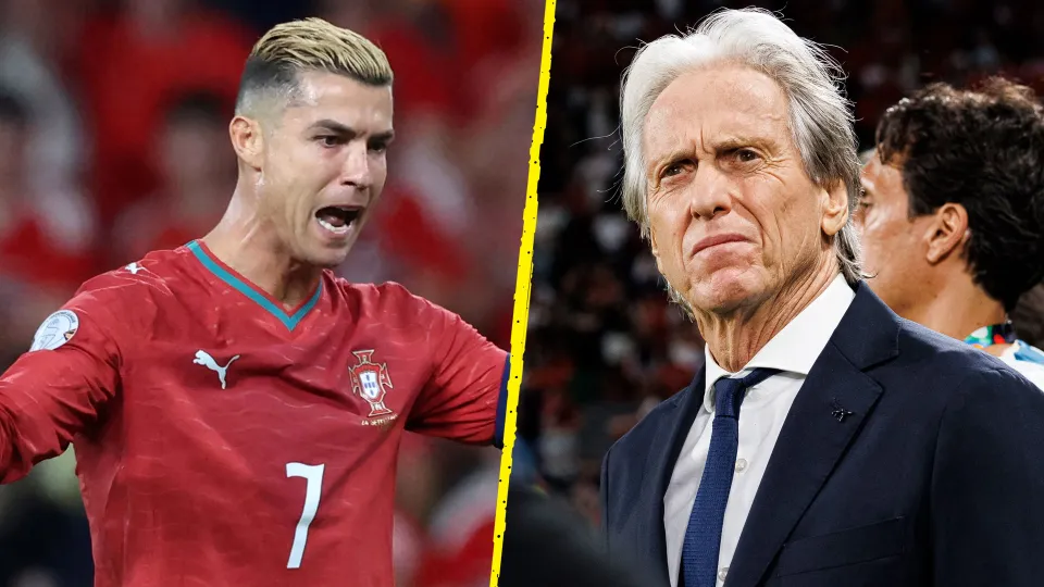 Cristiano Ronaldo in a Portugal jersey alongside Portugal coach Jorge Jesus during a football match.