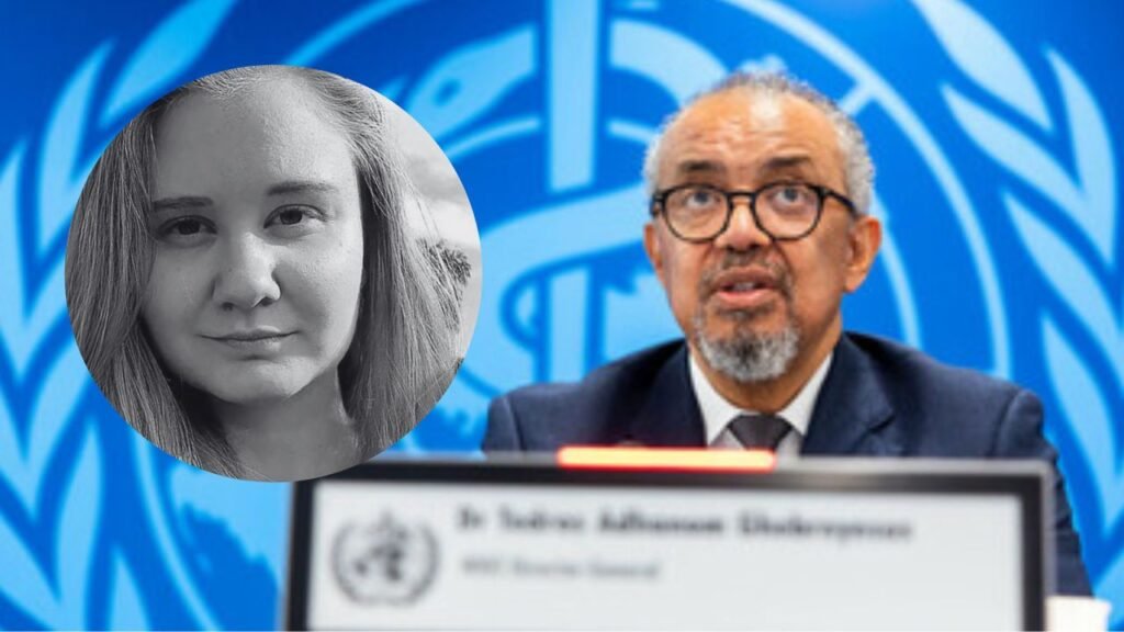 Composite image of a Russian laboratory worker alongside a WHO official speaking at a press briefing in front of a United Nations backdrop.