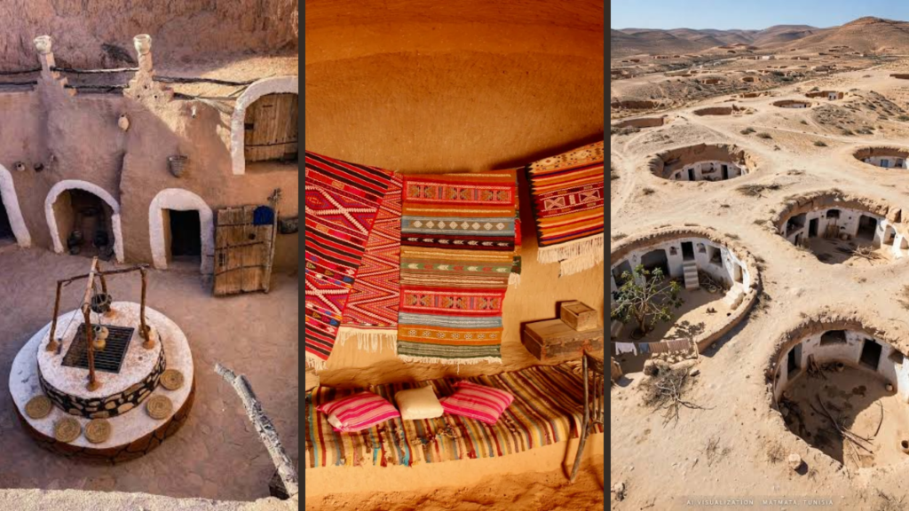 Matmata underground houses in southern Tunisia showing a circular pit courtyard with rooms carved into the walls