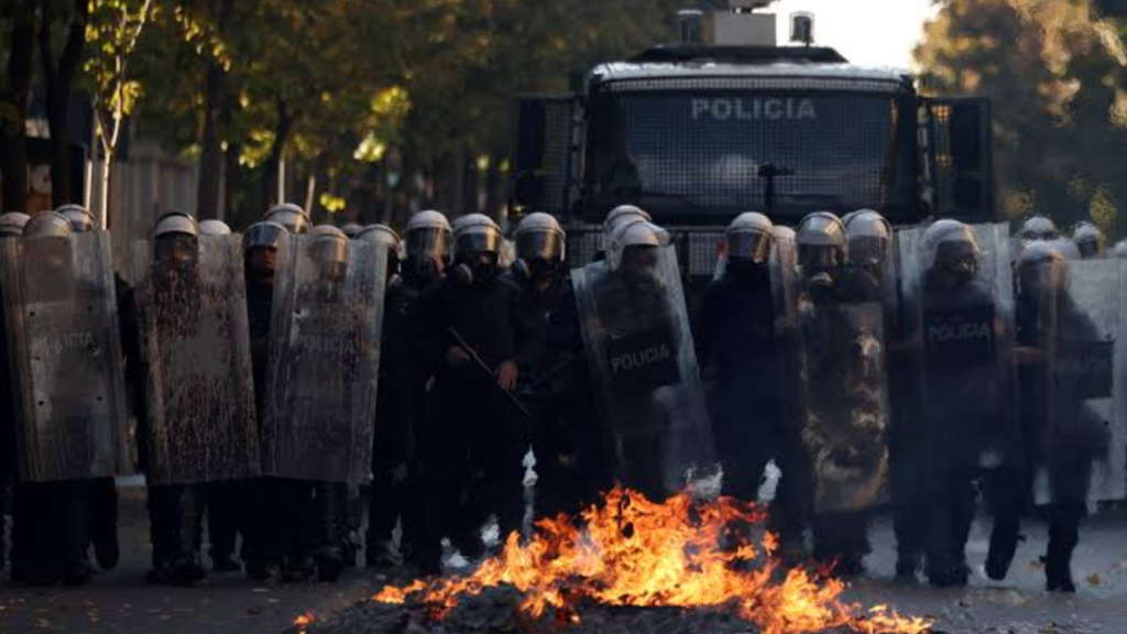 Albania student protests as riot police face demonstrators outside the Education Ministry in Tirana