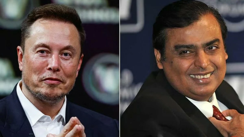 Elon Musk accuses Ambani as Starlink awaits approval in India. Split image side by side. On the left, Elon Musk, and the other side Ambani